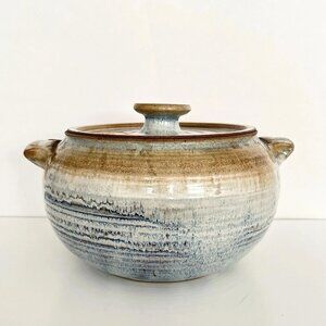 Handmade Large Stoneware Studio Pottery Bowl Pot Lid Blue Brown Rustic Natural